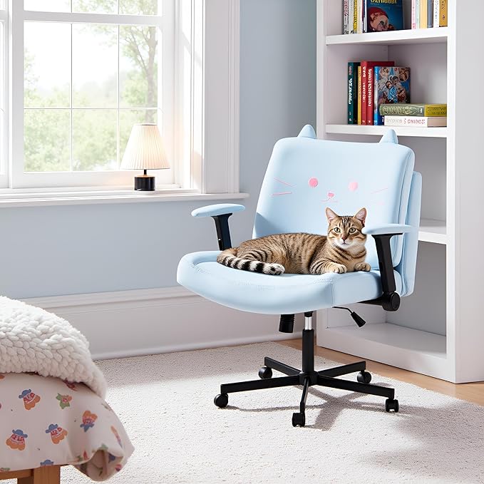 HOMREST Criss Cross Chair with Arms and Castors, Plus Size Cross Legged Office Chair with Extra Wide Seat&Flexible Back Cushion, Cute Comfy Desk Chairs for Home Office, Vanity, Gaming,Reading(Blue)