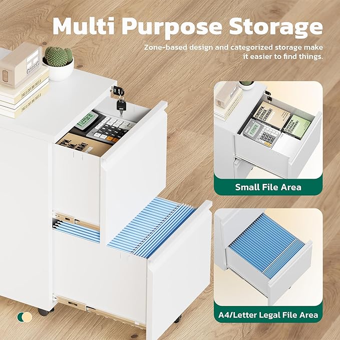 Greenvelly 2-Drawer Mobile File Cabinet with Lock, Metal Rolling Filing Cabinet on Wheels, Under Desk File Cabinet for Home Office, Fits Letter/Legal/A4 File (Assembly Required, White)