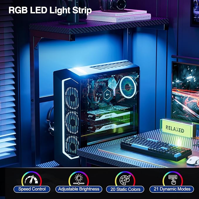 Grandder Gaming Desk 41 Inch with CPU Stand and LED Light, Computer Desk with Reversible Shelves and Storage Drawer, Pc Small Desk for Home Office Table with Bag, Carbon Fiber Black