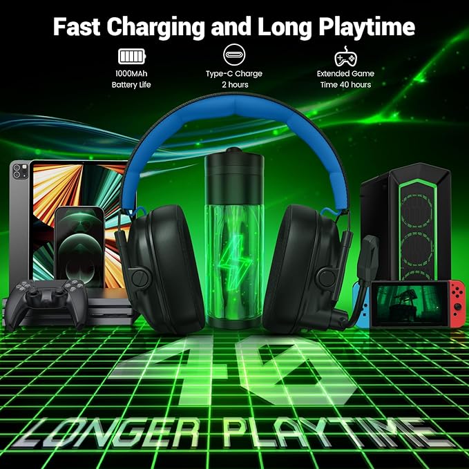 Wireless Gaming Headset with Noise Canceling Microphone for PC, PS5, PS4, Switch, Mac, 2.4 GHz Wireless & Bluetooth 5.4 Gaming Headphones, Cool RGB Lighting, 40Hr Battery, 50mm Drivers(Black Blue)