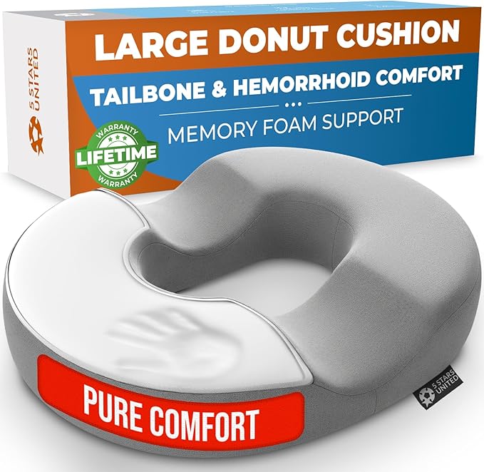 5 STARS UNITED Donut Pillow Hemorrhoid Tailbone Cushion – Large Cushion for Pain Relief – Coccyx, Prostate, Sciatica, Pelvic Floor, Pressure Sores, Pregnancy, Postpartum Recovery, Light Gray