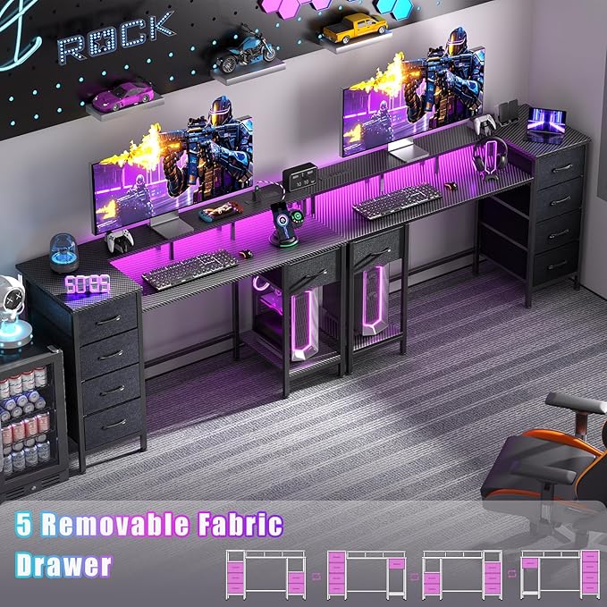 Korfile 55 Inch Gaming Desk with Power Outlets and LED Lights, Reversible Computer Desk with 5 Fabric Storage Drawers, Home Office Desk with Monitor Stand for Working Writing Study, Carbon Fiber Black