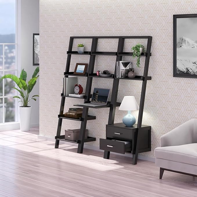 Modern Black 3-Piece Leaning Desk and Ladder Shelf Set – Solid Wood Wall-Leaning Workspace & Storage System for Home Office or Living Room