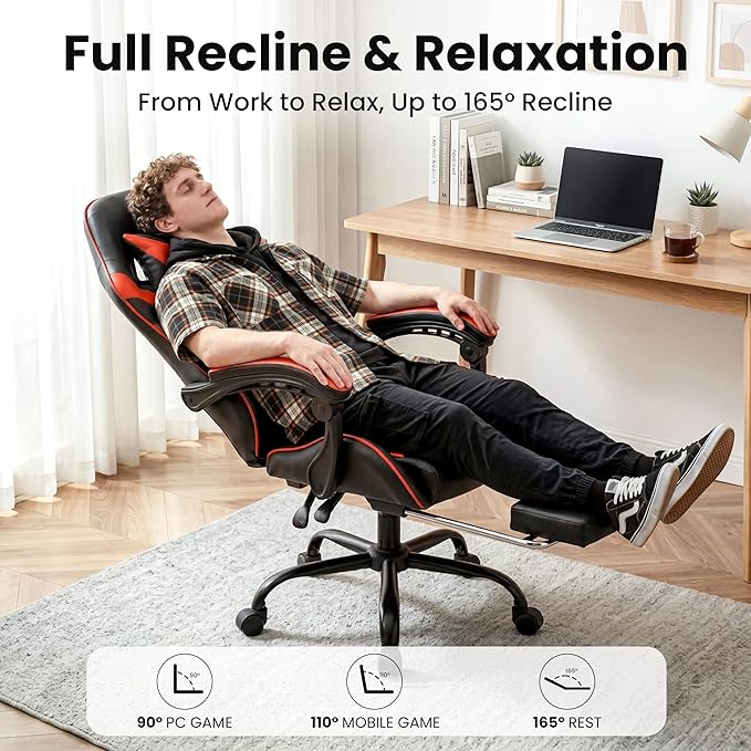 Gaming Chair, Ergonomic Computer Chair with 90°-150° Reclining Backrest & Footrest, Headrest & Lumbar Support, 360° Swivel Height Adjustable Desk Chair, High Back for Adults