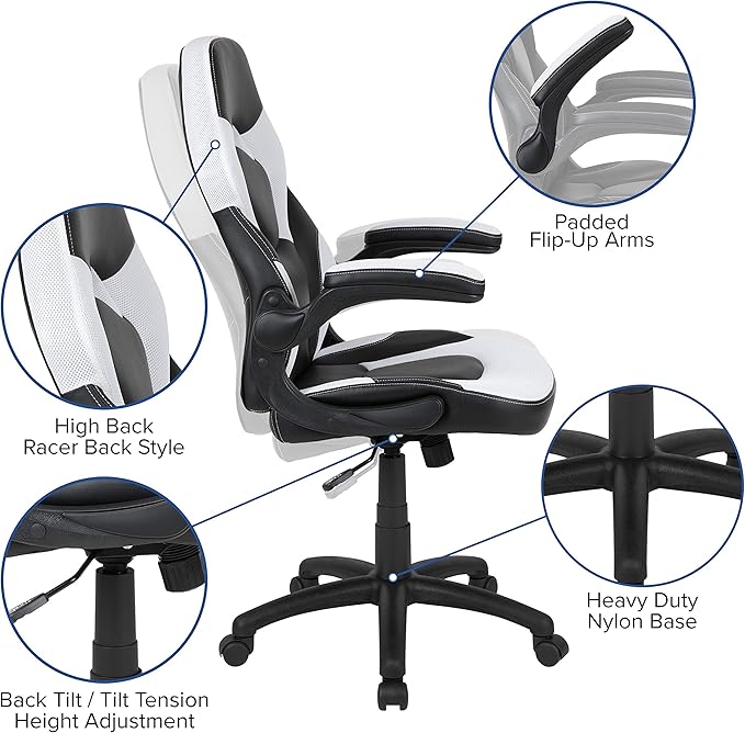 Flash Furniture Red Gaming Desk and White/Black Racing Chair Set with Cup Holder and Headphone Hook