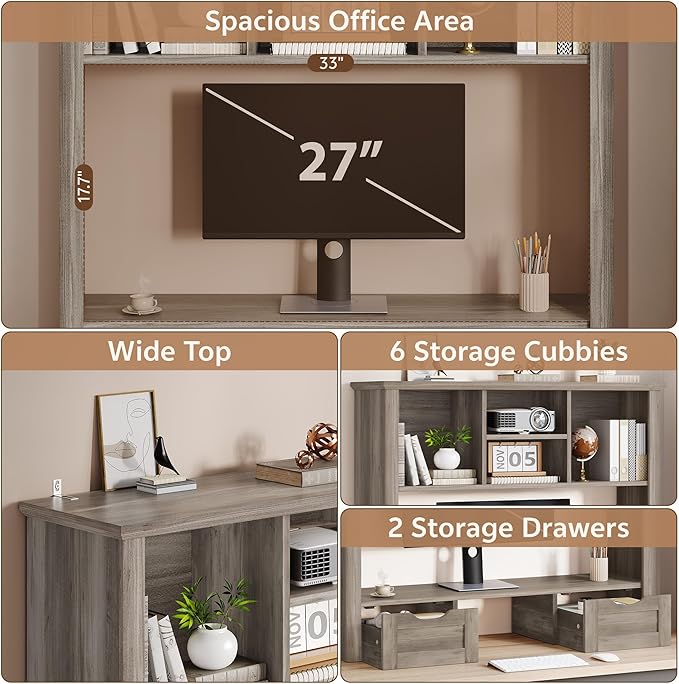 Desk Shelf with Computer Monitor Stand, 37.4''W Desktop Bookshelf Display Rack, Desktop Organizer Storage Rack with Cubbies & Drawers, 5-Tier Hutch for Home, Office, Dorm, Vanity, Grey