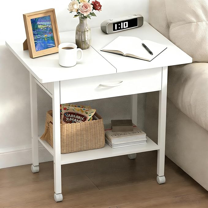 22" x 15" Under Desk Rolling Printer Stand, 2-Tier Industrial Mobile Printer Table with Strong Fabric Drawer, Storage Shelf, Steel Frame and Lockable Wheels, Printer Cart for Home Office (White)