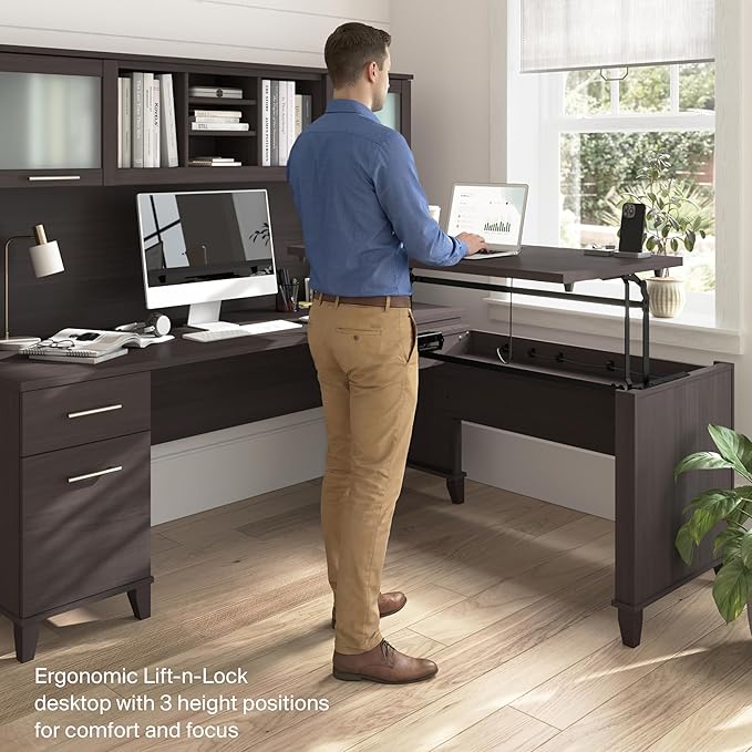 Bush Home Somerset 72W 3 Position Sit to Stand L Shaped Desk with Hutch in Storm Gray | Adjustable Height Table for Home Office