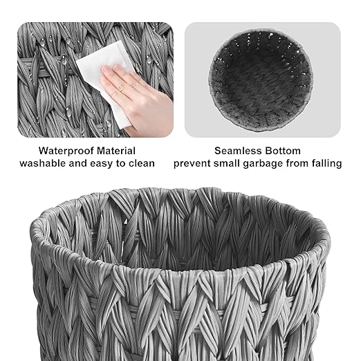 Coeusy Wicker Trash Can,Small Bathroom Trash Can,Waterproof Wicker Waste Basket for Bathroom,Handwoven Wastebasket for Office,2 Gallon Grey Round