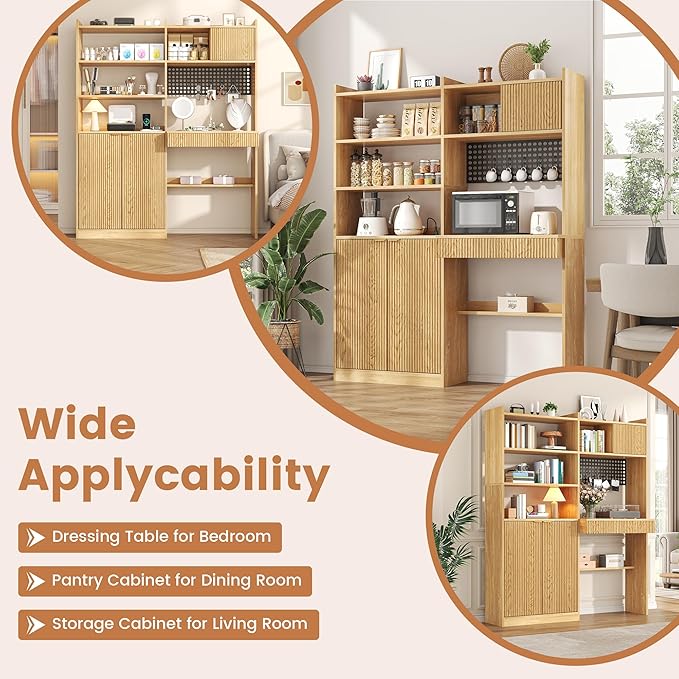 kepptory 63" Tall Computer Desk with Hutch, Fluted Wood Home Office Desk with Charging Station, Drawer & Storage Cabinet, Oak Workstation for Work & Study