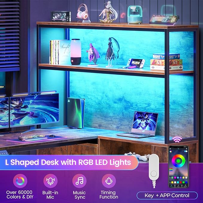 SEDETA 56.7" L Shaped Standing Desk, Reversible Computer Office Desk with Drawers & Hutch, Stand Up Corner Gaming Desks with LED Lights & Power Outlets for Home Office, Rustic Brown