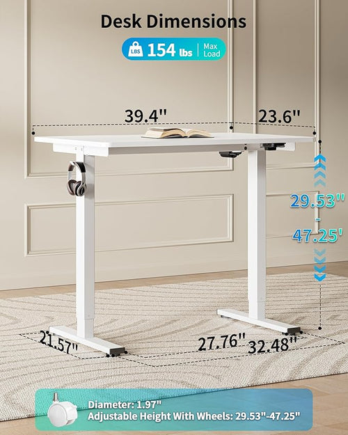 BIZUM 39.4" Small Electric Standing Desk Height Adjustable, Whole Piece Stand Up Computer Desk Work Study Writing Gaming Desks for Home Office White