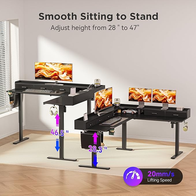 WALKINGDESK 75 Inches Height Adjustable L Shaped Standing Desk with 5 Drawers and Monitor Shelf, Electric Sit to Stand Home Office Comupter Table, Ergonomic Corner Gaming Desk, Black
