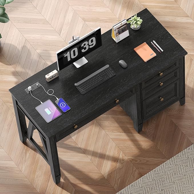 ONBRILL 54 Inch Farmhouse Executive Desk, Computer Desk with Drawers, Home Office Desk with Charging Station, for Working Studying Writing, Black