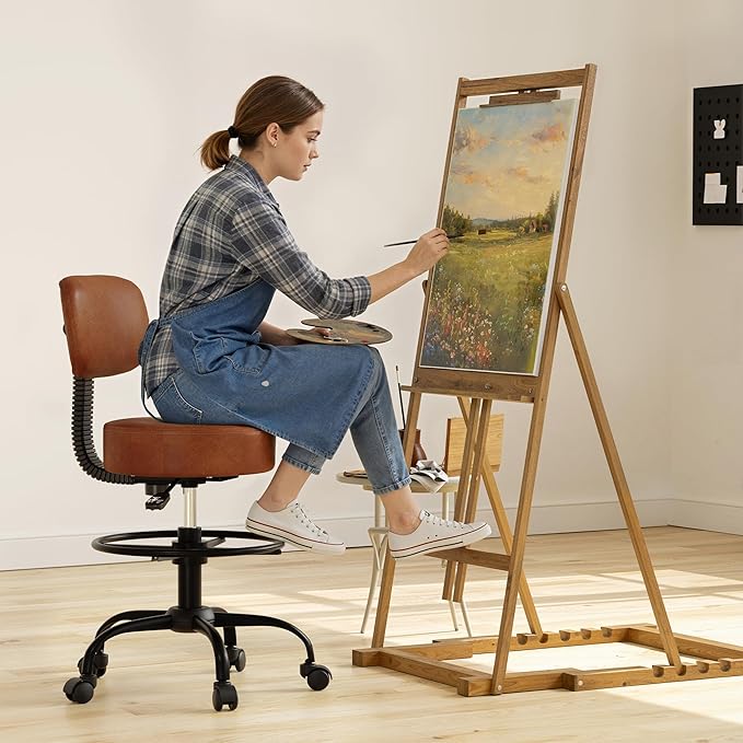 Drafting Chair with Back, Adjustable Foot Rest Rolling Stool with Wheels (2, Brown)