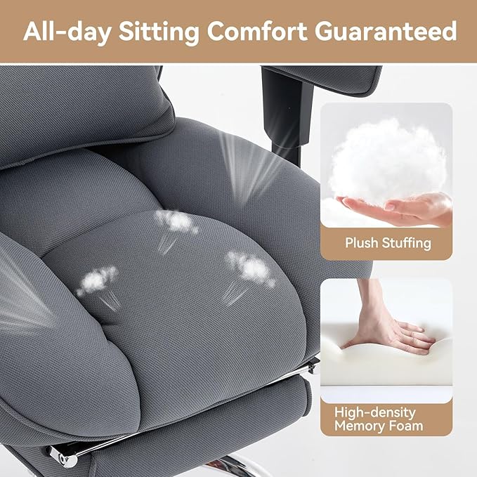 Efomao Big and Tall Office Chair with Footrest, 350lbs Heavy Duty Desk Chair, Extra Wide High Back Executive Office Chair for Long Hours, Reclining Home Office Chair with Breathable Fabric, Blue Grey
