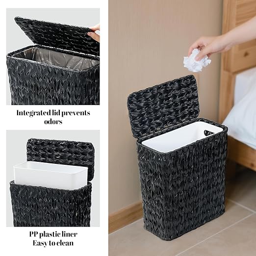 Coeusy Black Wicker Trash Can with Lid and Liner,Waterproof Narrow Waste Basket for Bathroom,Bedroom,Office,3 Gallon