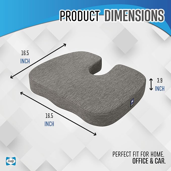 Sealy Memory Foam Seat Cushion for Car and Office Chairs Tailbone Pain Relief, Posture Support, and Comfort for Home Office Use