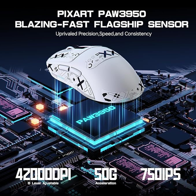 ATTACK SHARK X3MAX Wireless Gaming Mouse,PixArt PAW3950 Gaming Sensor,Up to 42K DPI,100 Million Micro,49g Lightweight Tri-Mode(BT5.2/2.4Ghz/Wired) Mice with Coiled Cable-White&Tape