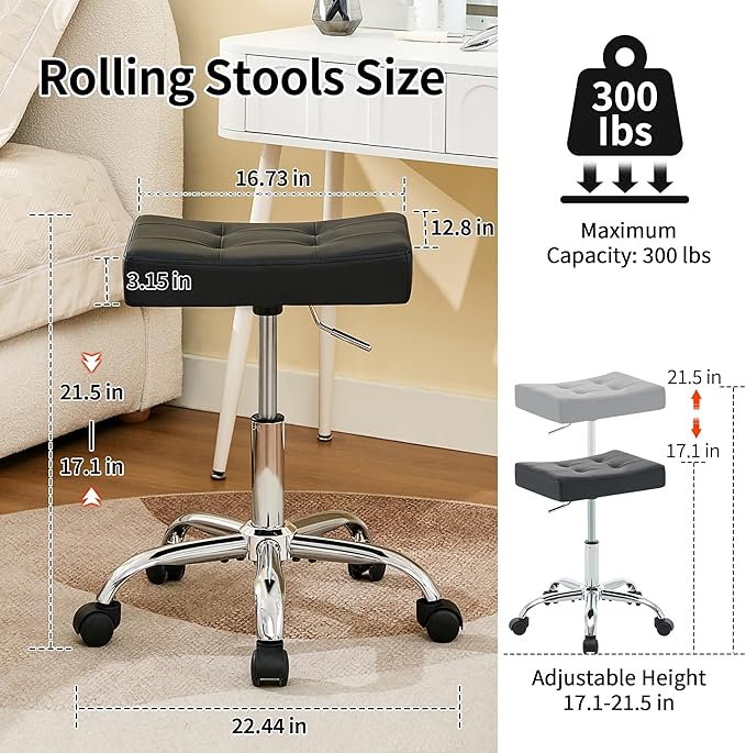 FIRAVOE Ergonomic Rolling Shop Stool (Adjustable Height 17-21 inch) Salon Stool for Hair Stylist (Black)