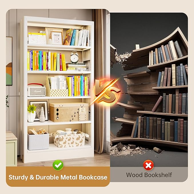 5-Tier Bookcase with Adjustable Storage Shelves, Metal Bookshelf with Book Stopper, Bookcase Shelf for Library, Office, Living Room (White-2)