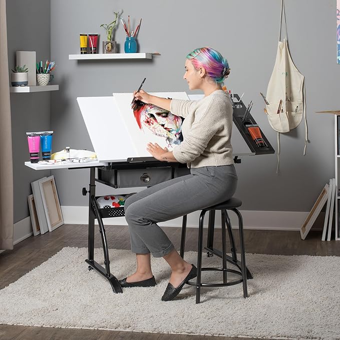 SD Studio Designs Core 2 Pc Craft Center - 35.5" W Angle Adjustable Drafting Table with Cloth Drawers, Side Shelf and Stool