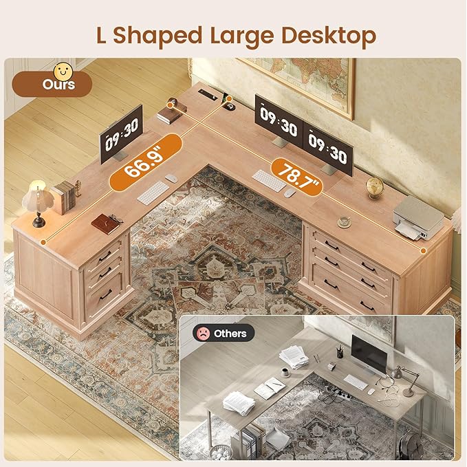 SEDETA Farmhouse 78.7" Executive L Shaped Desk with 6 Drawers, Home Office Desk with Power Outlet, File Cabinet Storage, Wood Corner Computer Desk for Work and Study, Oak
