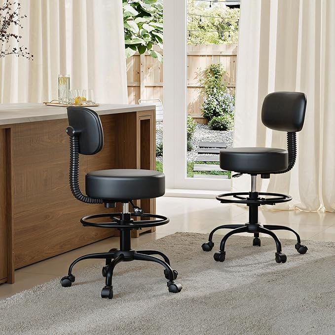 Drafting Chair with Back Support, Adjustable Foot Rest Rolling Stool, 360° Swivel Office Desk Chair with Wheels, Thick Seat Cushion for Home Bar Salon Tattoo Shop (1, Black)