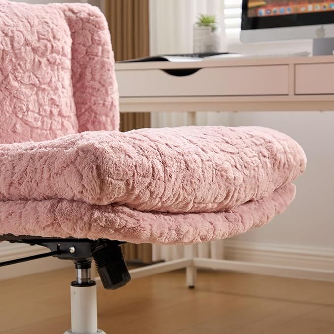Goujxcy Desk Chair with Thickened seat Cushion, Modern Faux Fur Upholstered Home Office Chair, 360° Swivel Armless Desk Chairs, 120°Rocking Ergonomic Computer Task Vanity Chairs, Pink