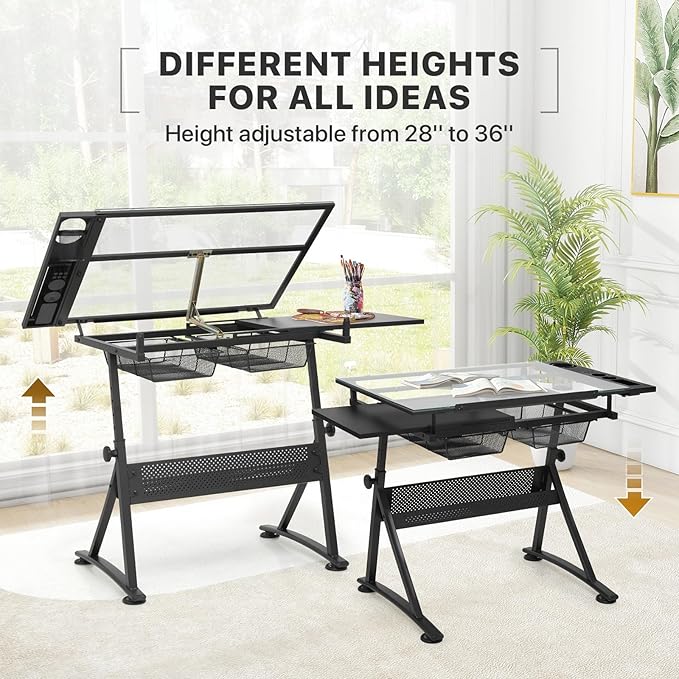 Athena Collection Drafting Table for Artists, Height Adjustable Drawing Table, Dual Desktop Art Desk Metal Frame Art Table Tiltable Craft Desk Paintings Work Station with Stool and Drawers, Black