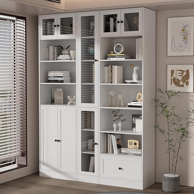 TUSY 85.5 Inch Tall Bookshelf with Doors - 7 Tier Bookcase with Glass Doors and Drawer, 23.6" Wide Storage Cabinet with Open Shelves for Living Room, White Book Shelf for Home Office, Study (D)