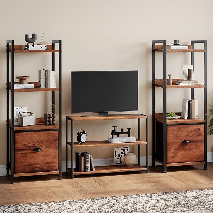 Sweetcrispy 4-Tier Bookshelf with Fabric Drawer, Wood-Metal Standing Display Shelf, Multi-Functional Organizer for Books, CDs and Movies, Suitable for Bedroom, Living Room, Brown