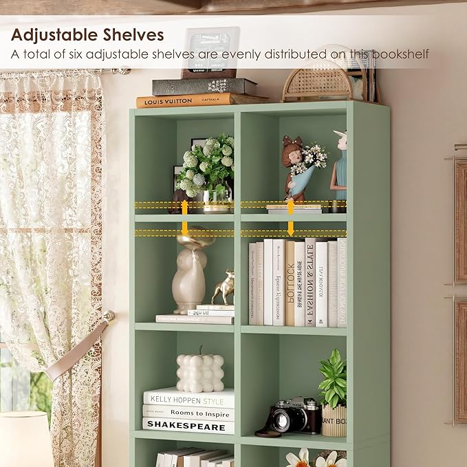 FOTOSOK 71'' Tall Bookshelf with 14 Cubes, 7 Tier Double Wide Bookshelf with 6 Adjustable Shelves, 19.6" Narrow Bookcase DVD/CD Media Storage Shelf, Space Saving Display Shelf Cabinet, Green