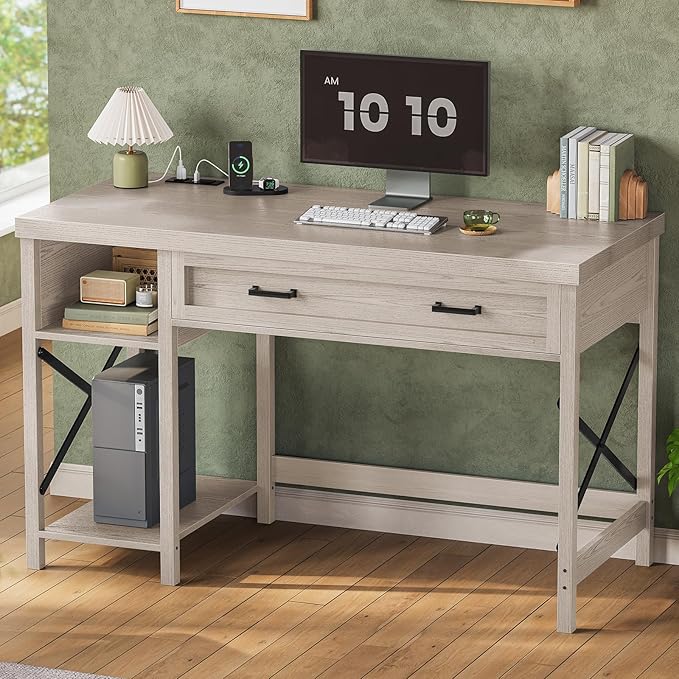 SEDETA Farmhouse Small Desk with Drawers, 40" Computer Desk with Storage Shelves, Writing Desk for Small Space and Power Outlet, Desk for Bedroom, Home Office, Mahogany Grey