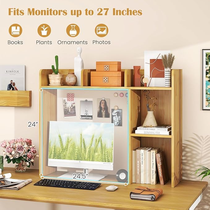 Desktop Bookshelf, 3-Tier Desk Hutch Shelf with 5 Display Rack for Computer Desk, Desk Organizer Shelves for Top of Desk, Dorm, Home, Office (Oak)
