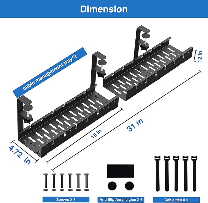 No Drilling Extendable Under Desk Cable Management, Metal Cable Management Tray Under Desk with Clamp, Retractable Power Strip Cord Holder for Wire Management 31Inch(1 Pack Black Extendable 31')