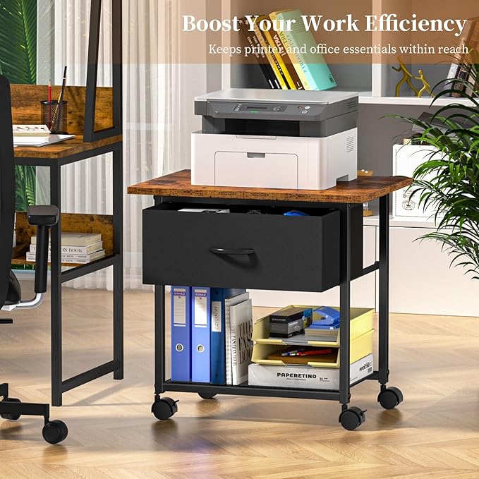 DAOUTIME 2-Tier Printer Stand with Storage Drawer, Under Desk Printer Table with Shelves, Mobile Printer Cart on Wheels for Small Spaces/Home Office, Fits 3D Printer Scanner, Rustic Brown and Black
