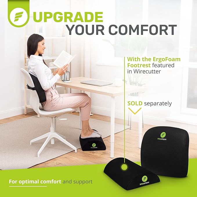 ErgoFoam Adjustable Foot Rest (Teardrop, Velvet, Black) and Lumbar Support Pillow Bundle