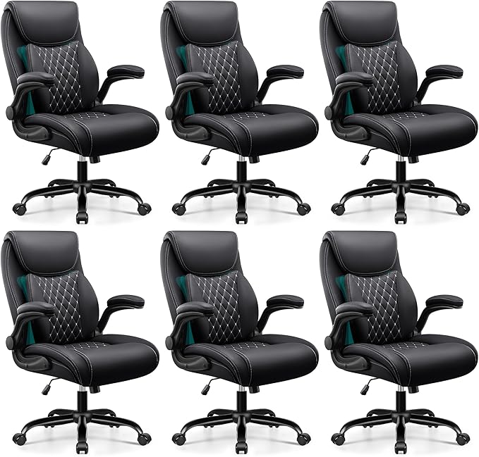 BESTFAIR Office Chair, Ergonomic Computer Desk Chairs with Lumbar Support for Lower Back Pain Relief, Executive Leather Home Chair Comfy with Padded Flip-up Armrests, Black, 6-Pack