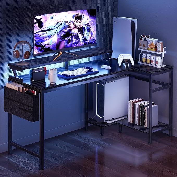DUMOS Gaming Desk, Computer Desk with USB Charging Ports, Power Outlets, Type-C and LED Lights, Reversible L Shaped Desk with Storage Shelves & Monitor Stand for Office Gaming Room Black 48IN