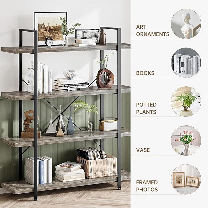 OtterOasis Heavy Duty 4-Tier Industrial Bookcase, 47" Wide Wood Bookshelf for Home Office, 120lbs Shelf Capacity, Rustic Shelving Display with Reinforced Horizontal Shelf for Living Room Bedroom,Grey