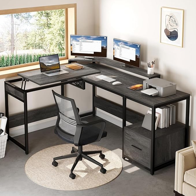 DWVO L Shaped Desk with Lift Top, 65" Adjustable Standing Desk with File Drawer, Corner Computer Desk with Storage Shelves,Home Office Desk, Grey