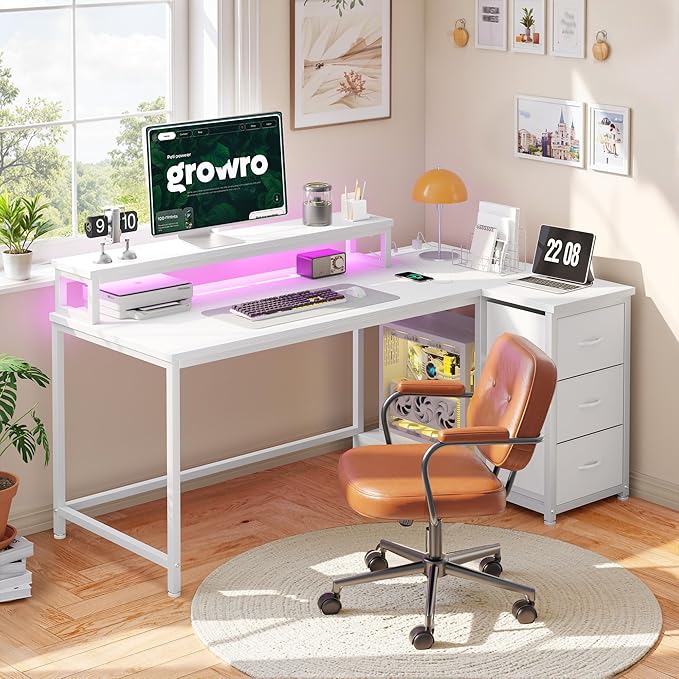 EnHomee L Shaped Gaming Desk with Drawers & Power Outlet, Small Computer Desk with LED Lights, Reversible White Office Desk with Monitor Stand for Gaming,Study Room,Home Office,Bedroom,White