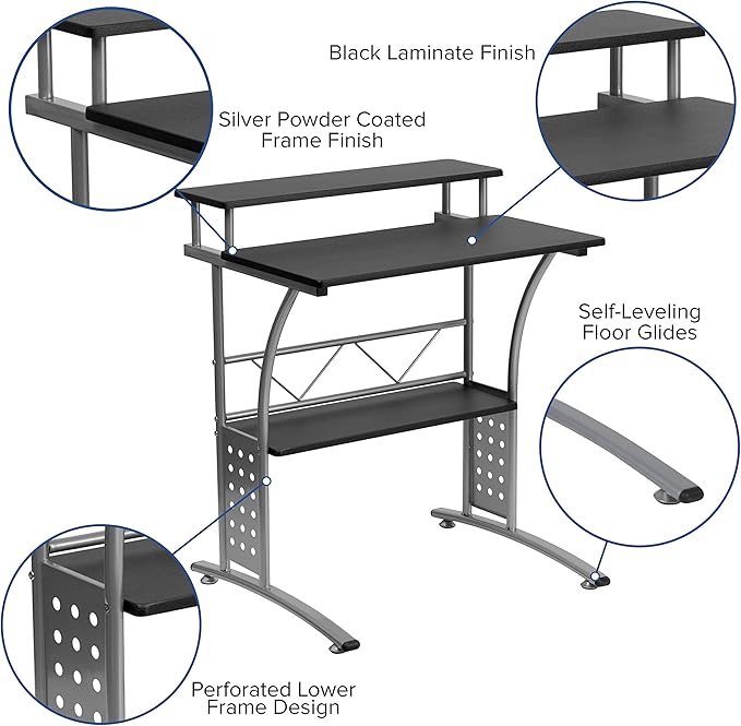 EMMA + OLIVER Work from Home Kit-Black Computer Desk, Ergonomic Office Chair, Filing Cabinet