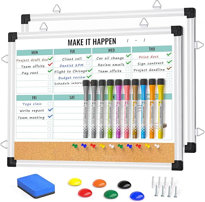 Marsrock Weekly Calendar Whiteboard and Cork Board Combo for Wall, 17"x13" Reversible Hanging Dry Erase Board, Double Sided White Board with Aluminum Frame for Planning, Office, Kitchen, School, Home