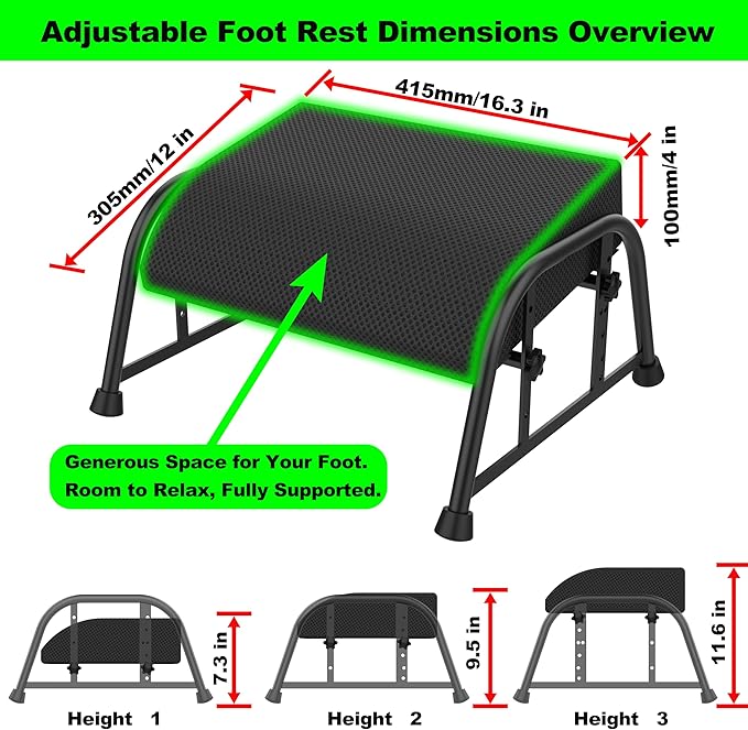 Under Desk Footrest with Memory Foam, Adjustable 10-Level Ergonomic Foot Rest for Office & Gaming Desk Accessories for Leg Rest, Reinforced Metal Frame, Non-Slip Base Extra Large（Black