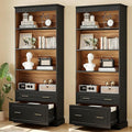 LITTLE TREE 72" Tall Black Bookcase, 5-Tier Office Bookself with File Cabinet Drawers,Modern Floor Standing Storage Filing Cabinet Book Shelf for Living Room,Bedroom(2 Piece,Black)