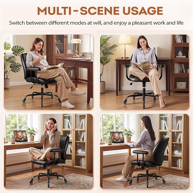 Furmax Ergonomic Home Office Chair Executive Leather Mid Back Desk Chair, Adjustable 360° Swivel Task Chair for Conference Room Study (Black)