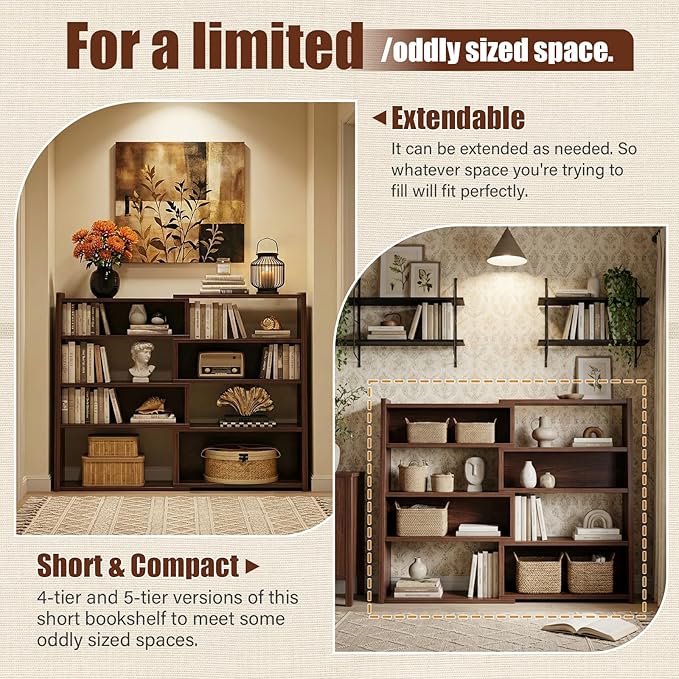 Armocity Expandable Bookshelf, Short Corner Bookshelf for Small Spaces, Small Ladder Book Shelf, Extendable Wood Narrow Bookcase for Living Room, Bedroom, 5 Tier, Black Walnut