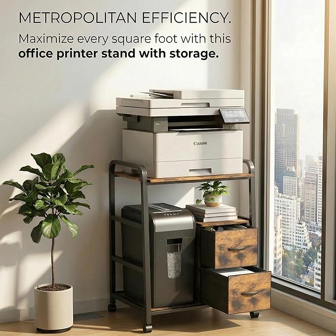 Printer Stand Featuring Fabric Drawers, Under Desk Host Computer Cabinet and Shredder Shelf, Heavy Duty Printer Stand with Storage Workstation Organization Printer Table for Home Office